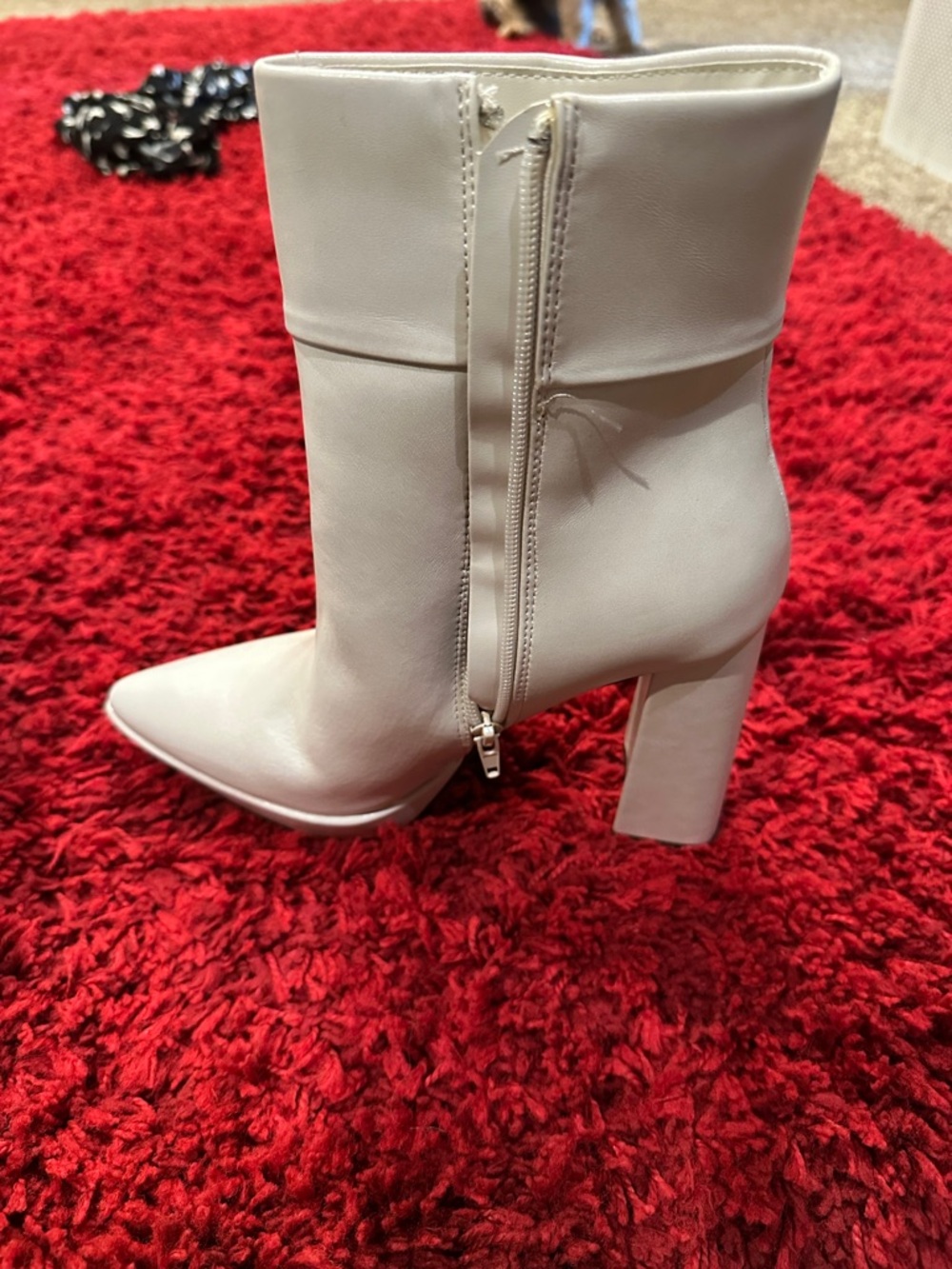 BAMBOO Cream Pointed Toe Mid-Calf Block Heel Boots